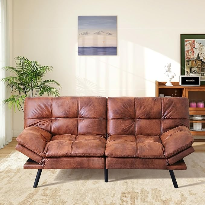 MUUEGM Brown Futon Sofa Bed Leather Memory Foam Modern Office Couch Sleeper Bed Convertible Love seat Sofa for Small SpacesApartmentOffice with Adjustable Armrest Backrest
