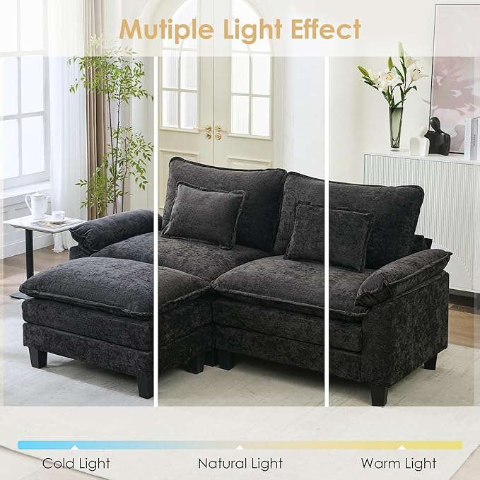 URRED Cloud Couch Modular Sectional Sofa 87 Modern L Shaped Deep Seat Sofa with Ottoman &amp Pillows Ultra Comfy Chenille Couches for Living Room Bedroom or Apartment Black