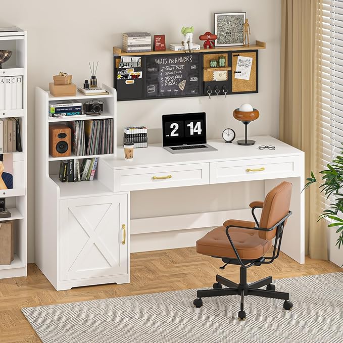 60 Computer Desk with Drawers &amp Bookshelves Home Office Desk with Storage Cabinet &amp Spacious Desktop Writing Gaming Study Table with Bookcase White