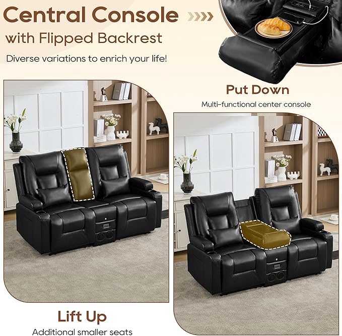 URRED Manual Reclining Loveseat Sofa with Console Double Recliner RV Couch with Bluetooth Speakers USB &amp Power Outlet Cup Holders Pillow and Side Pocket for Home Theater Faux Leather Black