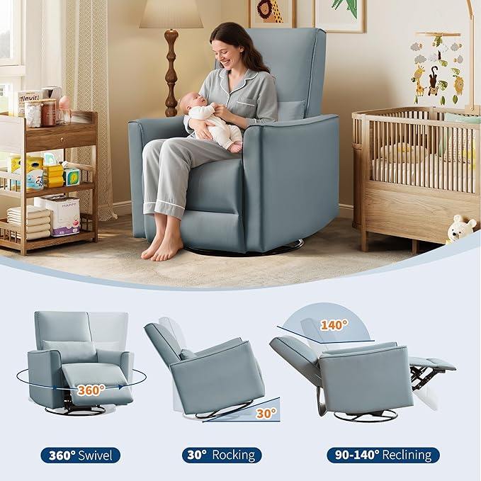 IDEALHOUSE 360° Swivel Glider ChairUpholstered Fabric Glider ReclinerErgonomic Single Sofa ArmchairFaux Leather Manual Glider for Living Room Bedroom Nursing Use(Grey)