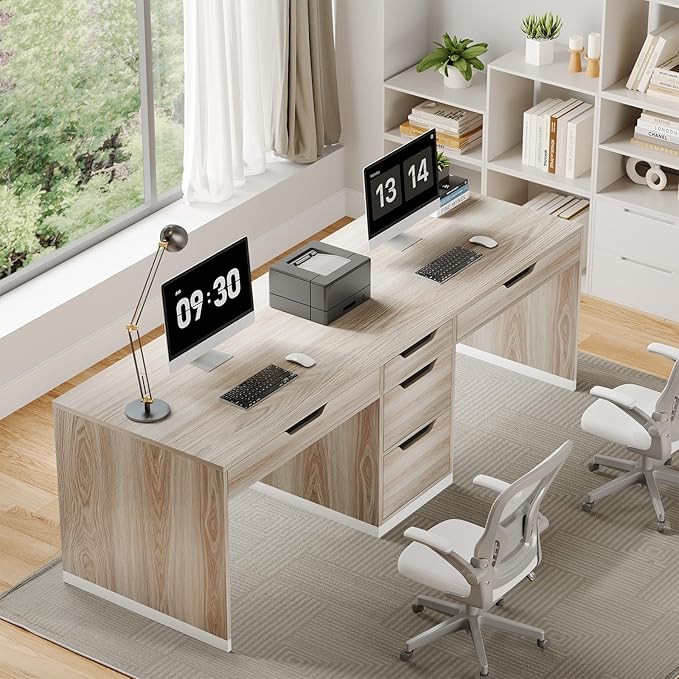 Two Person Desk with 5 Drawers Double Desk with Storage for 2 People 78 Inch Extra Long Computer Desk Workstation with File Drawer for Home Office White and Walnut