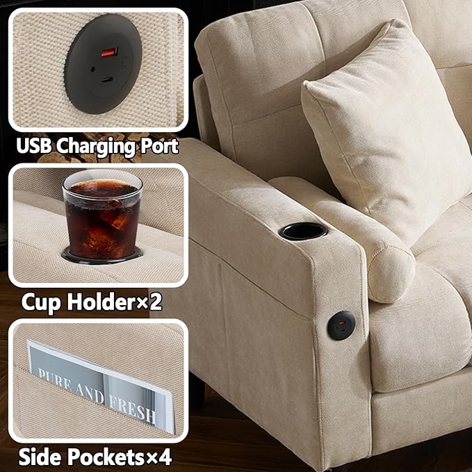77 Beige L-Shaped Sofa with Storage Footrest Chenille Sofa with 2 Cup Holders and Charging Station for Small Spaces Comfortable Cloud Area 3 Sofa (Beige)