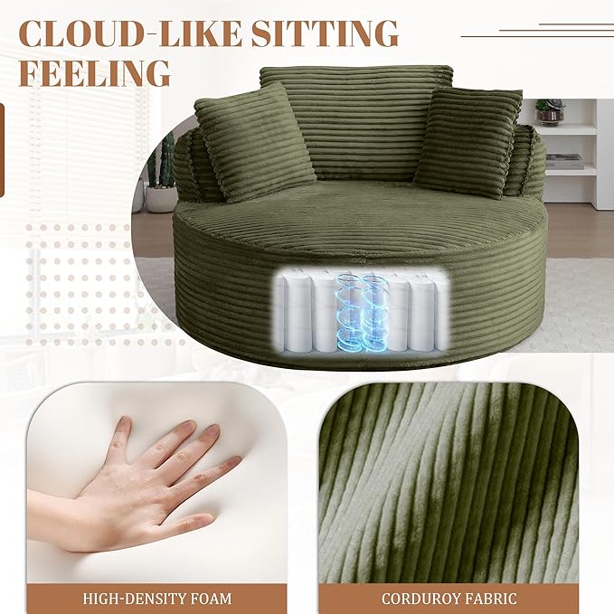 53W Oversized Round Chair Lounge Chaise Indoor Corduroy Comfy Circle Reading Armchair Upholstered Modern Cloud Boneless Chairs Cozy Floor Sofa Chair for Living Room Bedroom Apartment(Green)