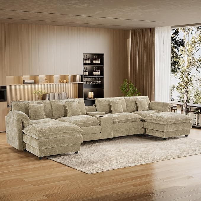 152 Oversized Modular Sectional Sofa U Shaped Cloud Couch Modern 6 Seat Sofa Set for Living Room Comfy Chenille Couch with Storage Central Console Movable Ottomans Cup Holders USB Ports Camel