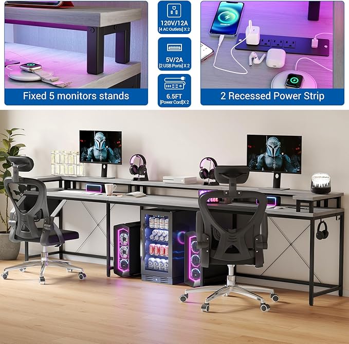U Shaped Desk with Power Outlets USB Ports &amp RGB LED Lights 79 Inch Large Corner Computer Desk with Monitor Stand Reversible Gaming Desk for Home Office Ergonomic Workstation (Oak)