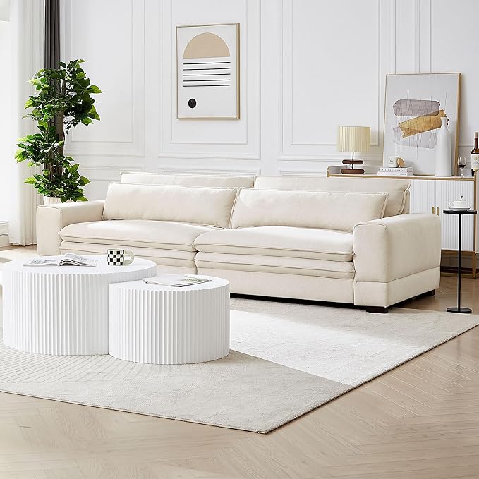 KEIKI 105 Oversized Upholstered Cloud Comfy Sofa with Seat Cushions and Backrest Modern 4-Seater Corner Fluffy Couch with Solid Wooden Legs Easy Assembly for Office Apartment Living Room Beige