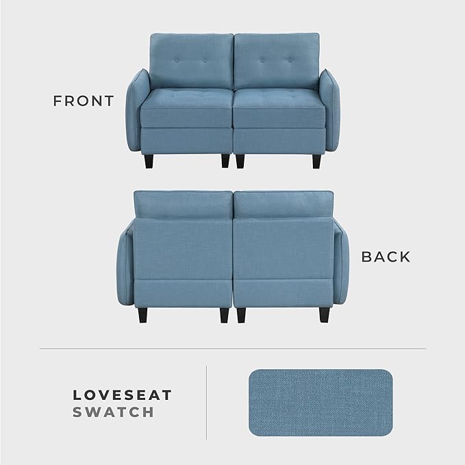 Lexicon Modern Loveseat with Hidden Storage Textured Fabric Modular Love Seat with Button-Tufted Design Reversible Back Cushion for Living Room/Bedroom/Office Blue