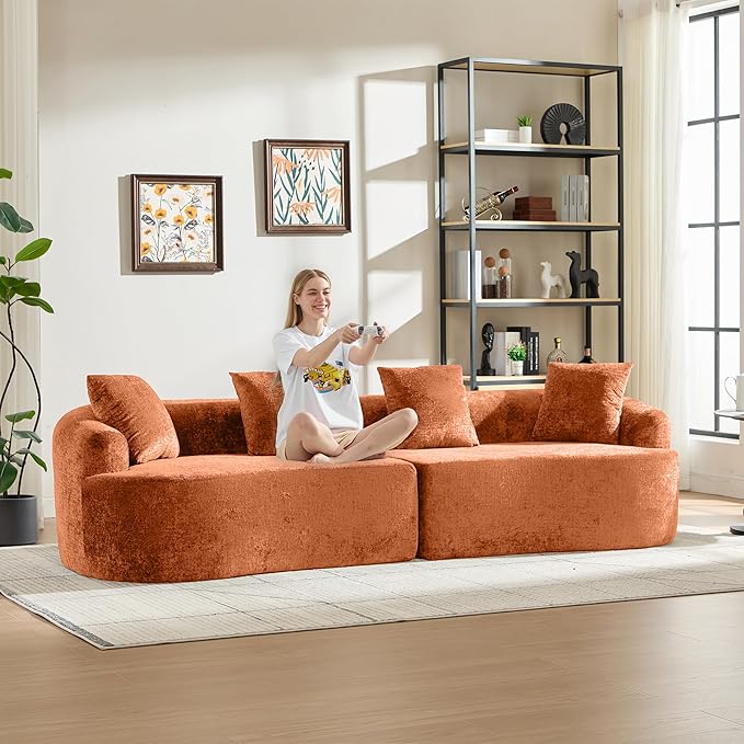 Curved Sectional Couch 110 Chenille Cloud Sofa with 4 Pillows 4-Seater Sleeper Sofa for Living Room Apartment Full Compression Sponge (Orange 110 Inch)