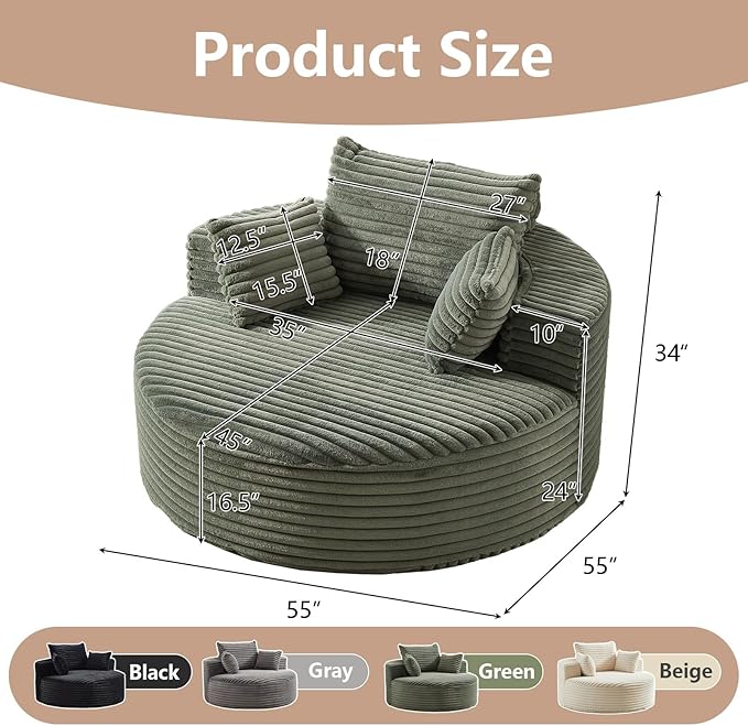 55''W Oversized Round Chair with PillowsComfy Corduroy Single ChairOversized Accent Chair with Deep Seat Modern Large Reading Chairs for Living Room &amp Bedroom (Green)