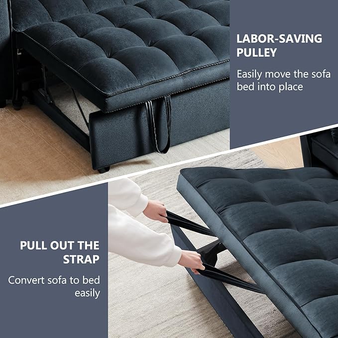 3 in 1 Sleeper Sofa Bed Pull Out Couch Convertible Futon Loveseat with krest Dinotefuran Living Room Chaise Lounr Home Apartment Office Black