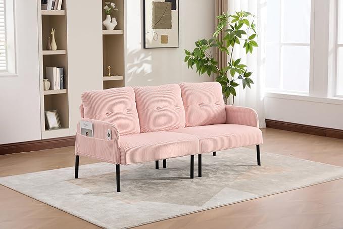 KEIKI 67 Corduroy Loveseat Sofa with Double Side Pockets &amp High Resilience Cushion Modern Style Upholstery Oversized 2-Seater Couch with Metal Legs Easy Assembly for Living Room Pink