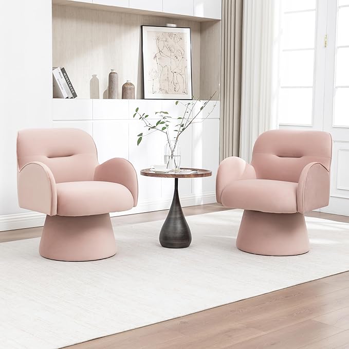 Swivel Chair with Armrest Modern Velvet Barrel Chairs with Curve Back Soft Cushion Comfy Accent Round Armchair Single Sofa for Living Room Bedroom Pink
