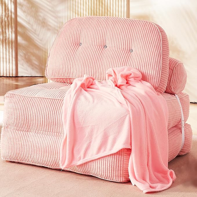 Folding Sofa Bed Flannel Futon Couch Bed with Pillow and Blanket Convertible Sleeper Chair for Living Room Bedroom Pink