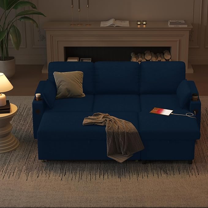 DURASPACE Sofa Bed Sleeper Pull Out 2 in 1 Sectional Sleeper Sofa Couches with StorageUSB Cup HolderPullout Sectional Couches for Apartment Living Room (Blue)