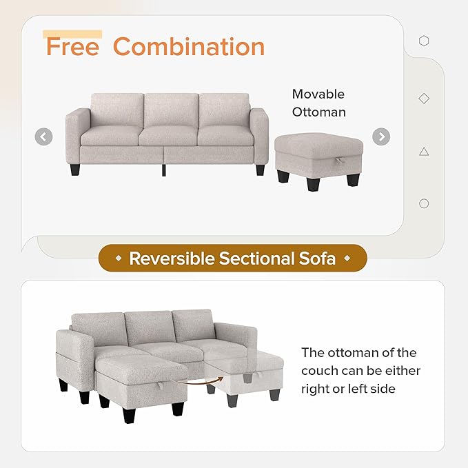 ZeeFu Convertible Sectional Sofa Couch 3 Seat L-Shaped Sofa with Movable Ottoman Modern Mocha Brown Velvet Linen Upholstered Small Sectional Sofa Couch for Small Space Apartment Living Room Office