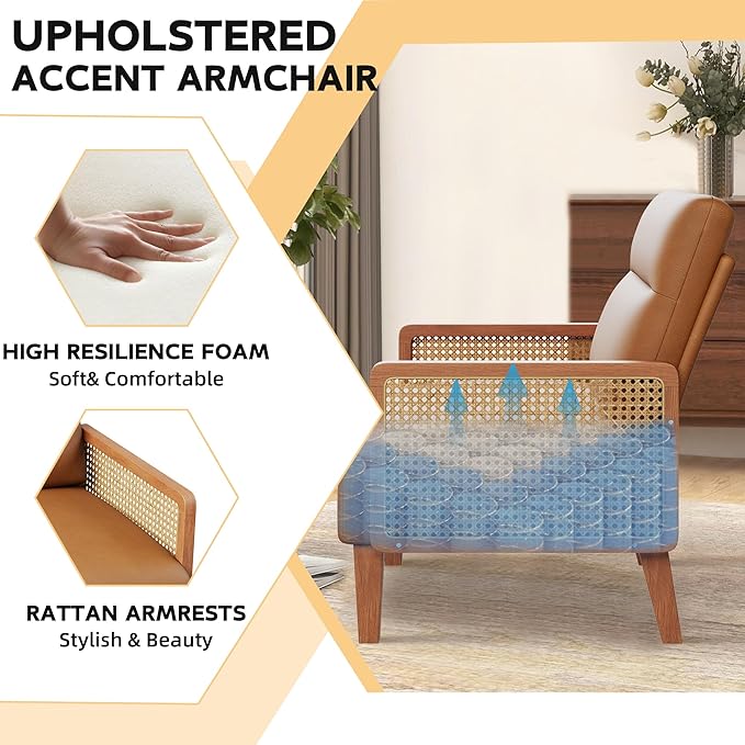HAOBO Home Mid Century Modern Accent Chair Upholstered Living Room Chairs Armchair with Rattan Armrest Comfy Reading Chair with Wood Frame Lounge Side Chair