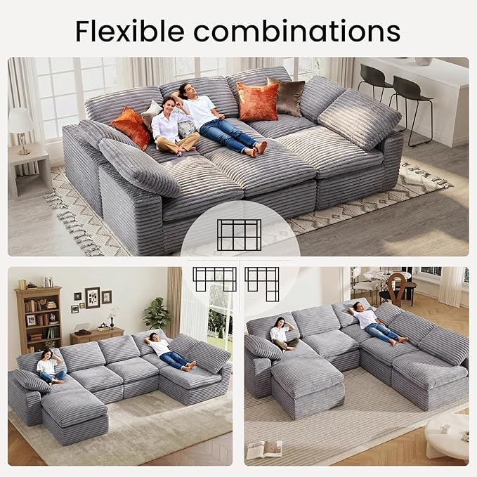 KKL 118 Sectional Modular Boneless Sofa Bed 6 Seater Cloud Couch with Ottoman Corduroy Sectional Couches for Living Room Bedroom Grey