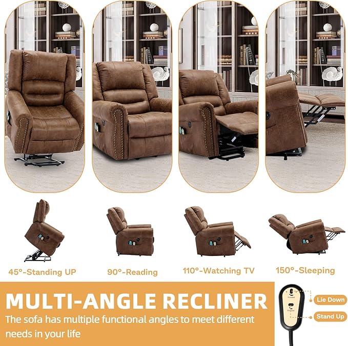 Electric Power Lift Recliner Chairs with Massage and Heat for Elderly Overstuffed Wide Ergonomic Lounge Chair Classic Single Sofa for Living Room with 2 Remote Control/USB Ports(Brown)