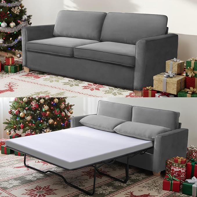 BALUS Full Pull Out Sofa Bed 71 Width 2-in-1 Velvet Loveseat Sleeper Sofa Pullout Couch Bed with Memory Foam Pillows and Mattress for Living Room Furniture Office Apartment Small Space Light Grey