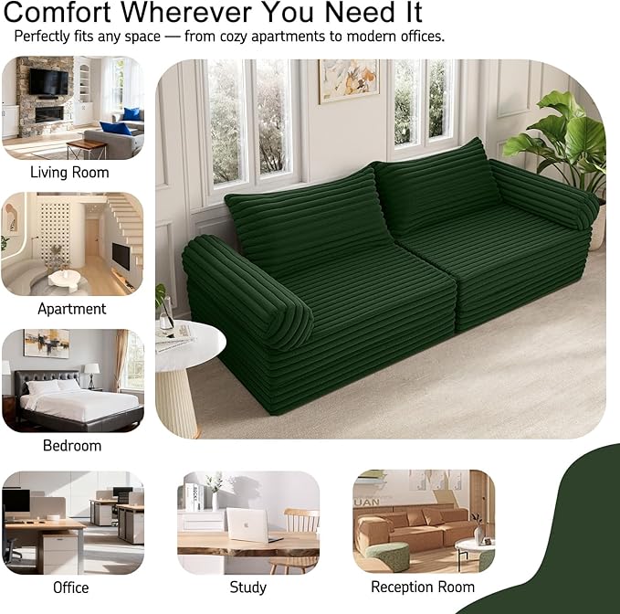 MeMoreCool Convertible Sofa Bed Folding Floor Couch Bed Queen Pull Out Sleeper Couch with Pillows Fold Out Futon Sofa for Bedroom Living Room Small Space Corduroy Green