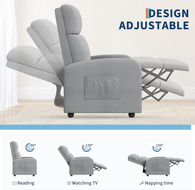 Premium Linen Manual Recliner Chair - High Backrest &amp Thick Cushion for Superior Comfort Adjustable Push Back Recliner with Side Pocket Gray Lounge Chair for Living Room &amp Bedroom