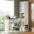 2-in-1 L-Shape Home Office Desk with Flip-top Mirror and Charging Station Studry Table with Hutch Computer Desk with 3 Drawers 8 Hidden Storage 2 Cabinets and Open Shelves (White)