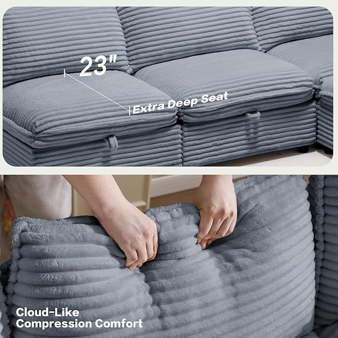 125 Oversized Modular 6 Seater Sofa with Removable Covers and Storage Convertible U L-Shaped and Sleeper Sectional Modern Corduroy Couches with Ottoman Chaise for Living Room Apartment Gray