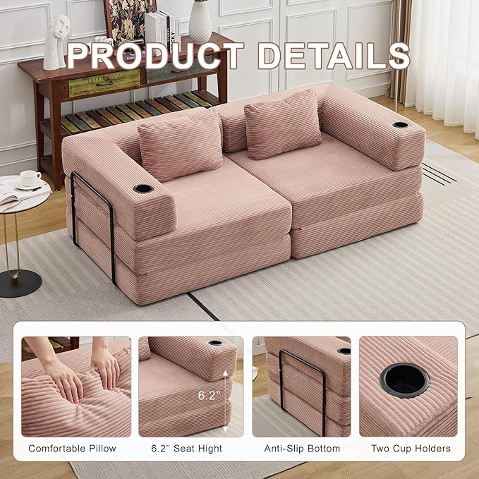 78 Loveseat Sleeper Sofa 4 in 1 Convertible Floor Sofa Bed Boneless Cloud Couch with Cup Holder Fold Out Floor Couch for Living Room Bedroom Lounge Corduroy Pink