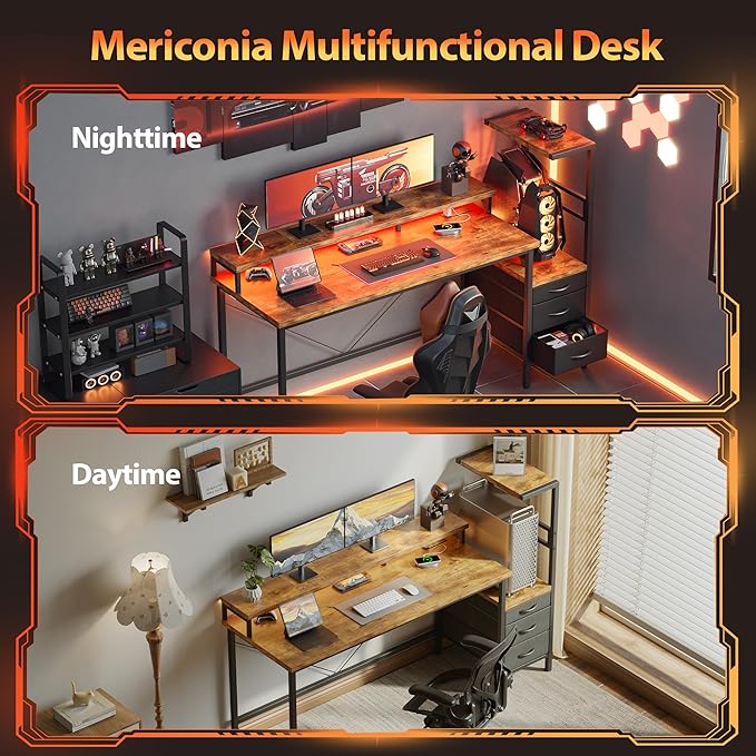 Mericonia Gaming Desk with Power Outlets &amp LED Lights Reversible Computer Desk with PC Case Stand Fabric Drawers Modern Office Desk with Shelves Monitor Stand