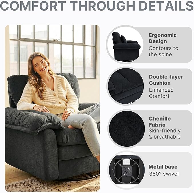 360° Swivel Accent Chair Oversized Plush Modern Chenille Armchair with Padded Seat &amp Back Comfy Spinning Chair for Living Room Bedroom Office (Black)