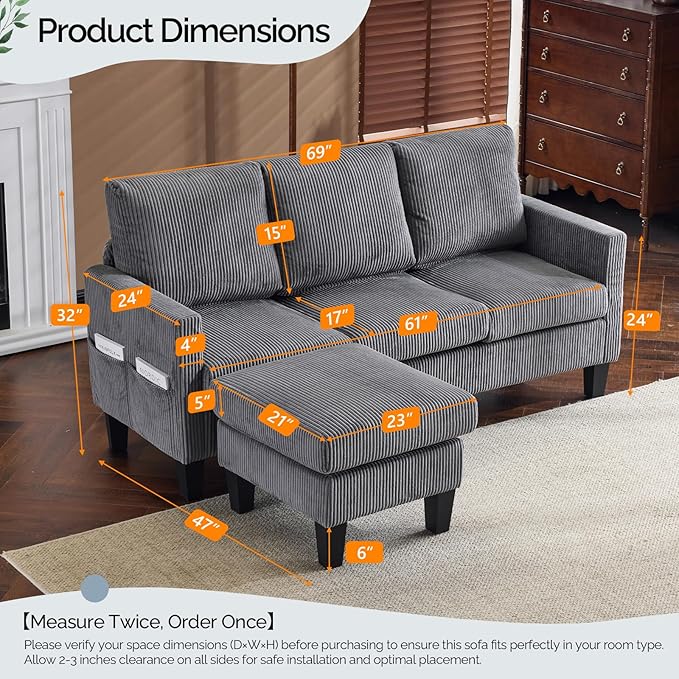 VINGLI 68.5' L Shaped Couch with Removable Storage Ottoman Convertible Sectional Sofa in Corduroy Fabric Modern Reversible Chaise Couch for Small Spaces Apartment Living RoomGrey