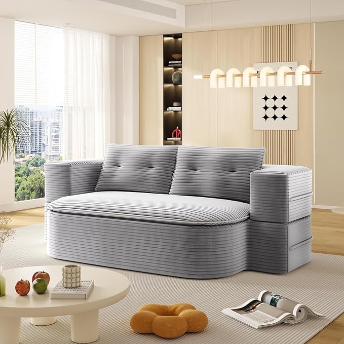 Convertible Sleeper Sofa Folding Futon Corduroy Floor Foam Compression Loveseat Sofa Bed Couch Foldable Full Size Guest Bed with 2 Pillows for Living Room Bedroom Apartment