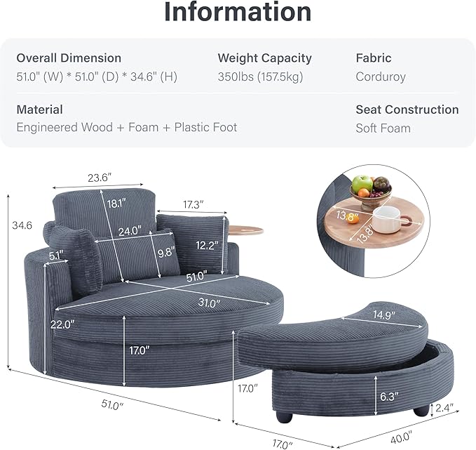 Yoglad 51” Swivel Barrel Chair with Storage Ottoman Corduroy Upholstered Accent Chair and A Half with Tray Table Oversized Chaise Lounge Round Sofa Chair for Living Room Bedroom(Grey)