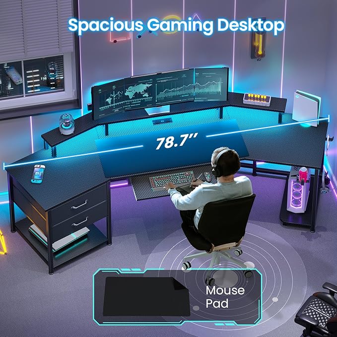 Itaar 79 Gaming Desk with 2 Fabric Drawers Long Computer Desk with Power Strip &amp LED Lights U Shaped Desks with Storage and Cup Holder Large Gaming Table for Bedroom Carbon Fiber Black