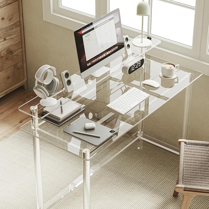 Eglaf Acrylic Desk - 47.2 L x 19.7'' W x 34.5 H - Modern Home Office Desk with Monitor Stand - Clear Desk Computer Desk Writing Table for Office Living Room Bedroom