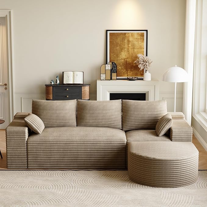 108 Modular Sectional Sofa Cloud Couch for Living Room L Shaped Comfy Fluffy Light Brown Boneless Couches with Movable Curved Ottoman Modern Plush Corduroy Memory Foam Floor Couch with Chaise