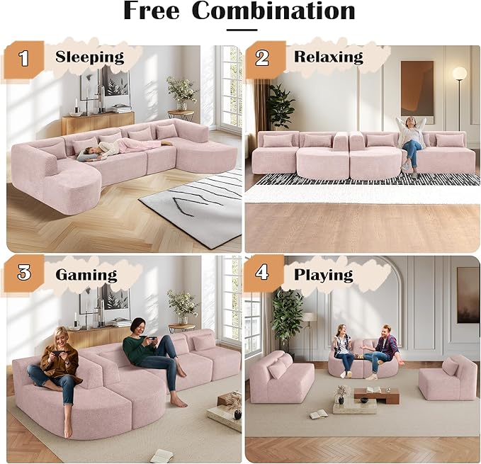 144 Sectional Couches for Living Room Comfy U-Shaped Cloud Couch with Chaise Lounge Modern Deep Seat Boneless Sofa No Assembly Required (Boucle Pink)