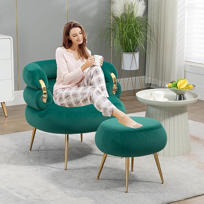 Velvet Accent Chair with Ottoman Set Modern Upholstered Armchair Tufted Chair with Footstool Single Sofa Chair with Metal Legs for Living Room Apartment Bedroom(Green-Chair and Ottoman)