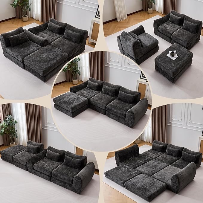 105” Modular Sectional Sofa Convertible Sofa BedTransforms into Single or Double Sofa Chenille Fabric Cloud SofaModern Soft Boneless Comfort No Assembly Required Black