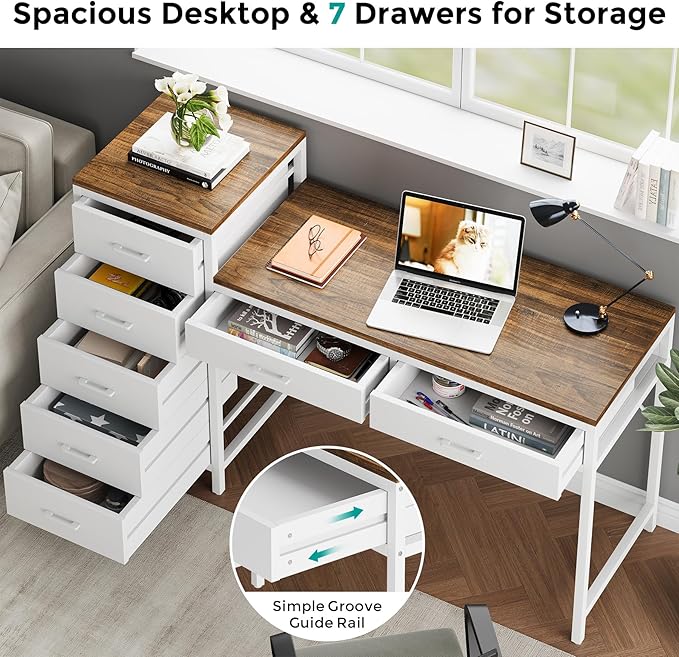 Computer Desk with Reversible Drawer 55 inch Home Office Desks with 7 Drawers Modern Compact Study Writing Table Workstation with Storage for Small Spaces Light Brown and White