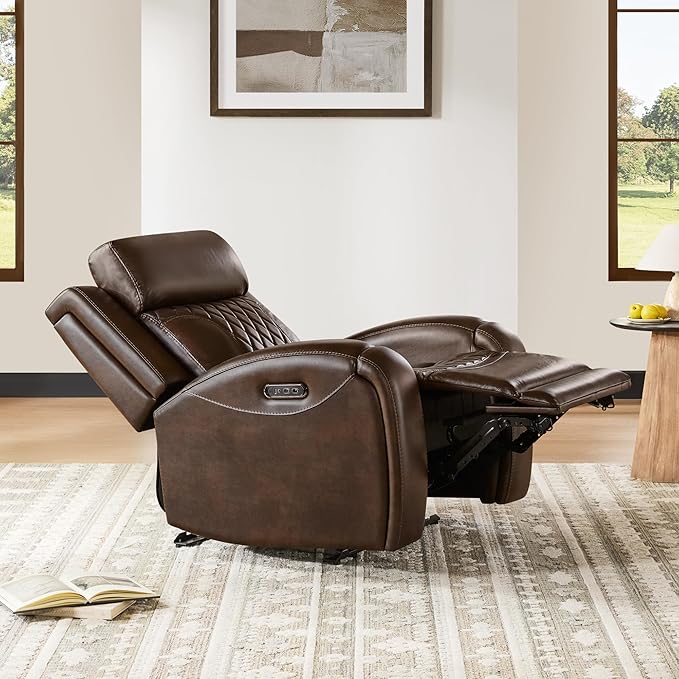 CHITA Genuine Leather Recliner Chair for Adults with Adjustable Power Headrest Lay Flat Power Recliner with Slide-Out Cupholders &amp USB/Type-C Ports Living Room Chair Brown