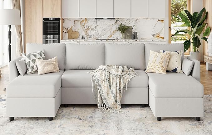 114.17 Modular Sectional Sofa 6 Seat Modular Couch with Storage Memory Foam Convertible Sectional Couches for Living Room U Shaped Comfy Modular Sofa with Chaise Light Grey