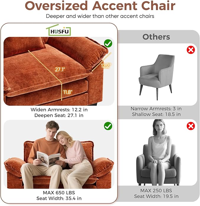 HUSFU Oversized Accent Chair 49.5'' W Chenille Cloud Sofa Chair with Deep Seat and Extra Wide Armrests Comfy Reading Armchair for Bedroom Living Room Terracotta Orange