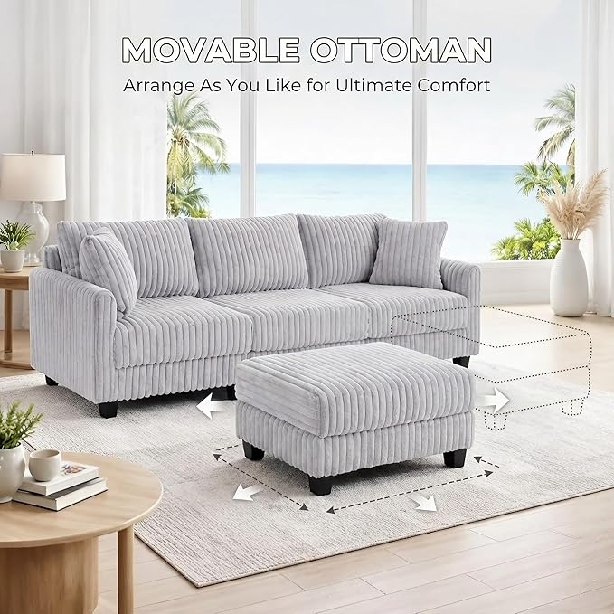 100 L Shaped Sectional Couches for Living Room Modular Sectional Sofa with Movable Ottoman Corduroy 4 Seat Couch with Built-in Charging Ports Light Grey | Movable Ottoman Soft Corduroy Feel USB
