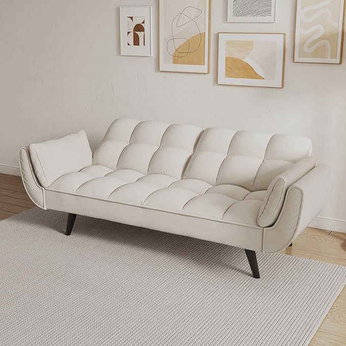 Velvet Futon Sofa Couch Bed with 2 Pillows Convertible Folding Futon Couch with Adjustable Backrest Love Seat Sleeper Sofa Bed for Small Spaces Living Room Office Apartment (Beige)