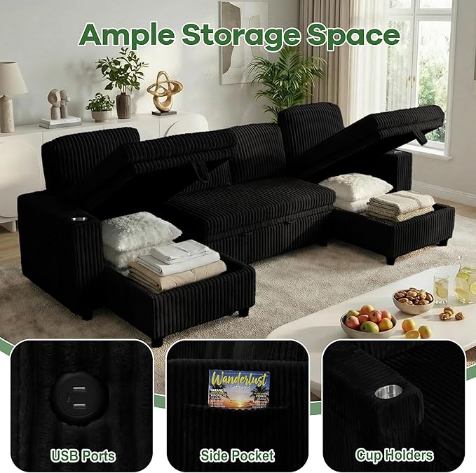 Oversized Sectional Couch U Shaped Corduroy Couch for Living Room Sectional Sleeper Sofa with Pull Out Bed Convertible Sofa Bed for Living Room Bedroom and Apartment Black