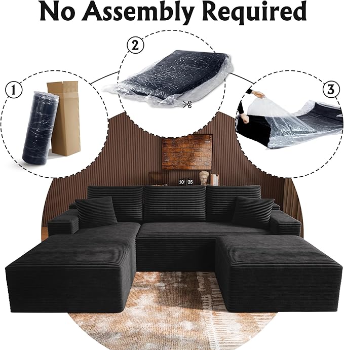 3-Piece Boneless Modular Sectional Sofa Cloud Couch Left Facing Chaise with Ottoman Oversized Deep Seat Soft Corduroy Fabric Sectional Couch for Living Room-blackb