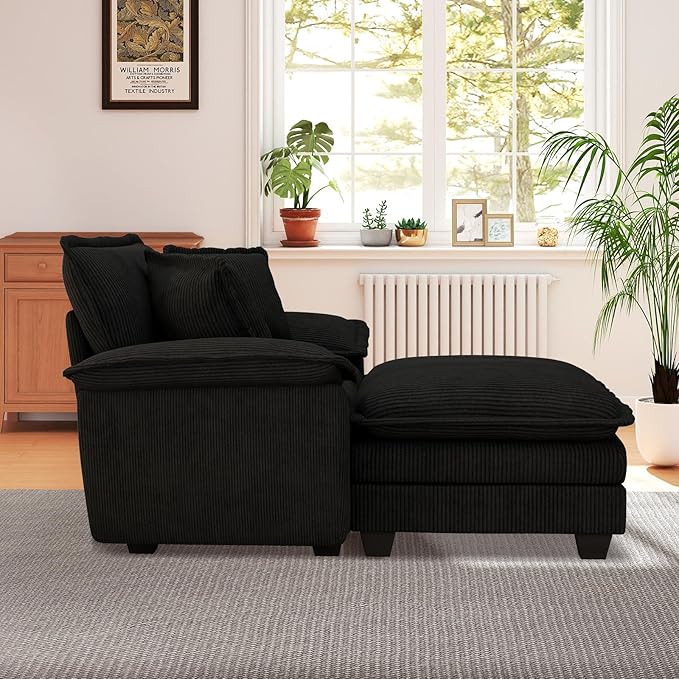 48 W Oversized Chaise Lounge Chair Indoor with Ottoman Upholstered Cloud Accent Chair with Extra Wide Armrests Comfy Green Corduroy Sleeper Chair for Living Room Bedroom Reading (Black)