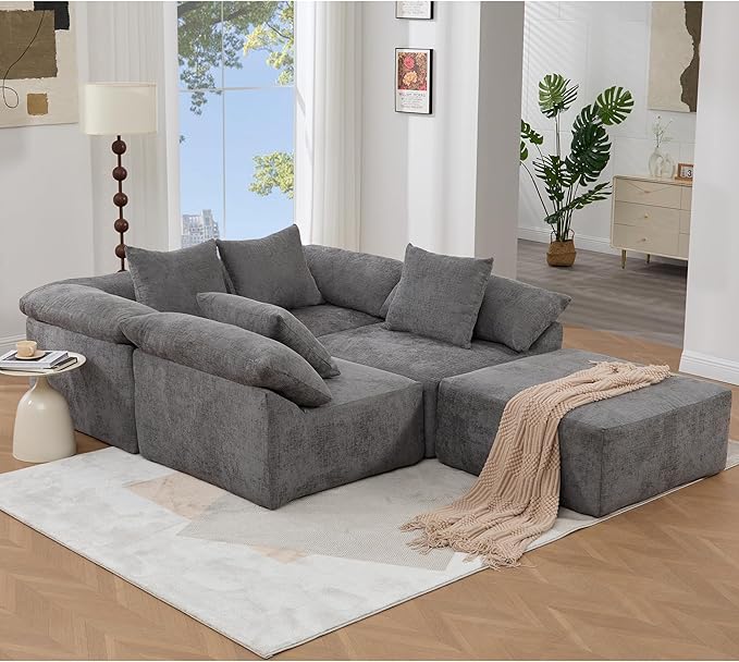 142 L Shaped Chenille Sectional Sofa Oversized Fluffy Cloud Couch with Memory Foam 5 Seater Modular Sleeper Sofa with Ottoman for Living Room No Assembly Gray